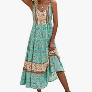 Angashion Floral Spaghetti Strap V-Neck Maxi Dress bohemian-style medium